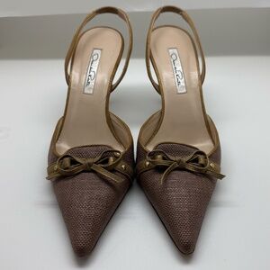 Oscar de la Renta Kitten Heel Slingbacks, Metalic Brown and Gold, Size 7